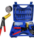 Grease Monkey Approved Single Handed Brake Bleeder Vacuum Pump Kit With Precision Gauge Adapters And Rugged Carry Case, contains tools and accessories in blue case.