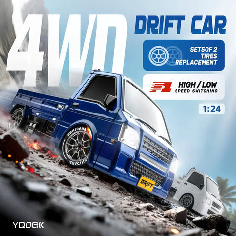 Blue 4WD Drift RC Car with 2.4GHz Remote and Dual Battery Setup, 20kmh High Speed, Durable PVC Body, LED Lights, on rocky track