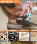Four Piece Wood Carving Disc Set For 4 Inch Or Four And A Half Inch Angle Grinders With Five Eighth Inch Arbor Heavy Duty Wood Shaping And Cutting Grinding Discs For Woodworking Pro Grade Carving Discs Attachment being used on a wooden surface, showing cutting capability on wood material.