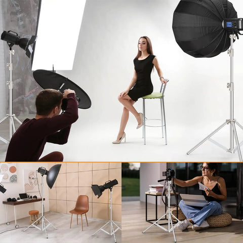 Beefy 9.2 Ft Heavy-Duty Light Stand Kit Two Pack with Dual Springs supporting softbox and LED lights in a photography studio setup.
