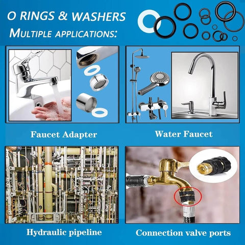 Applications of Go To 1000 Piece O Ring Kit With 18 Sizes And 18 Size Rubber Washers for faucets, hydraulic pipelines, valve ports.
