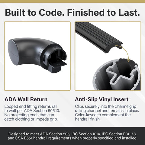 Ultra Slick Satin Black 1.5ft ADA Handrail Kit with ADA wall returns and anti-slip vinyl insert details.