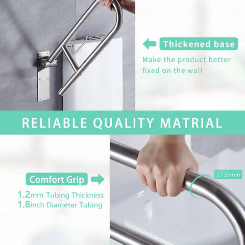 23.6 Inch Stainless Toilet Safety Rails With Flip Up Handicap Grab Bar And Paper Holder For Elderly And Disabled Bathroom Shower Hand Rail No Fuss Grip Assist, showing wall-mounted installation and comfort grip.