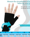Set Of Four Unisex Fingerless Compression Gloves With Wrist Support For Sports Thumb Protection Breathable Spandex Nylon Small Size With Size Chart Guidance Black Or Nude Color Easy On And Off Perfect For Training Or Recovery shown on hand with size chart for measuring wrist circumference.