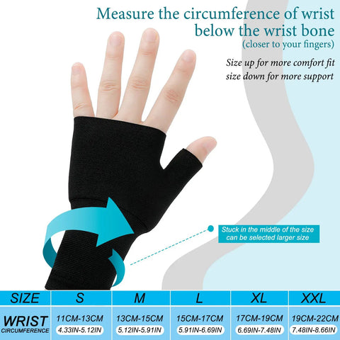 Set Of Four Unisex Fingerless Compression Gloves With Wrist Support For Sports Thumb Protection Breathable Spandex Nylon Small Size With Size Chart Guidance Black Or Nude Color Easy On And Off Perfect For Training Or Recovery shown on hand with size chart for measuring wrist circumference.