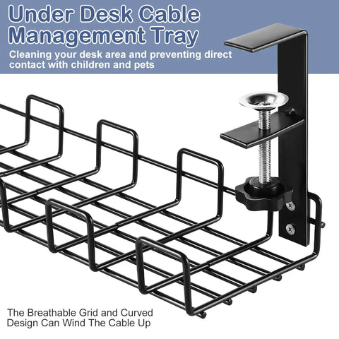 2 Pack No Drill Under Desk Cable Management Tray Set With Adjustable Removable Cord Organizer And Clamp Rack close-up