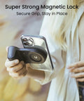 Magnetic Phone Stand Camera Grip With Wireless Charging and Bluetooth Shutter for iPhone held in hand for vlogging.