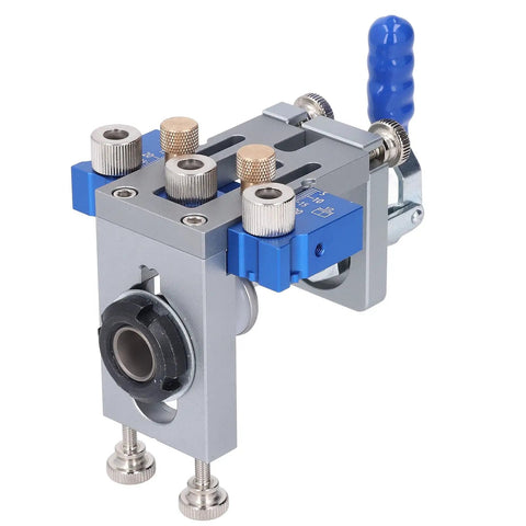 Self Centering Dowel Jig Kit With Adjustable Drill Guide and Six Heavy Duty Bushings Plus Three Carbide Bits, detailed view of clamp.