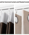 Ceiling Curtain Track System With Roller Hooks For Room Divider Ceiling Mount Rail Set 12 To 18 Feet White Beefed Up Heavy Duty Aluminum Alloy With 50 Lb Load Capacity shown with grommet and pleated curtains