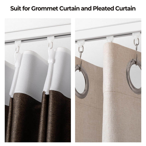 Ceiling Curtain Track System With Roller Hooks For Room Divider Ceiling Mount Rail Set 12 To 18 Feet White Beefed Up Heavy Duty Aluminum Alloy With 50 Lb Load Capacity shown with grommet and pleated curtains