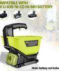 Cordless Grass Seed Spreader For Lawn Care With Ryobi 18V Battery Compatibility, handheld tool shown with yellow hopper