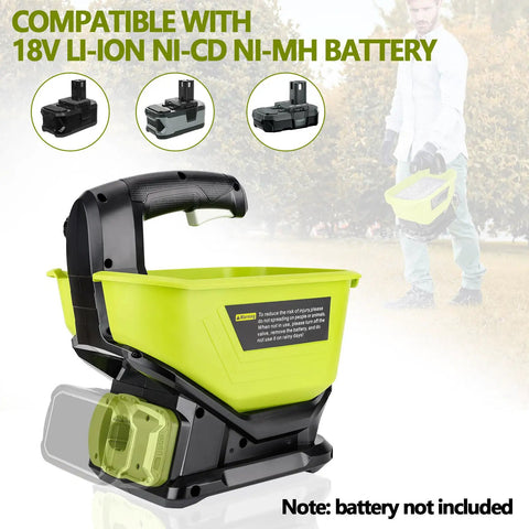 Cordless Grass Seed Spreader For Lawn Care With Ryobi 18V Battery Compatibility, handheld tool shown with yellow hopper
