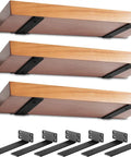 Heavy Duty Floating Shelf Brackets 12 Inch 0.2 Inch Thick 6 Pack Iron Construction With Anti Rust Coating Supports Up To 150 Pounds Per Pair Hidden Mount Design For Durable Home Shelving, with brackets and wooden shelves visible