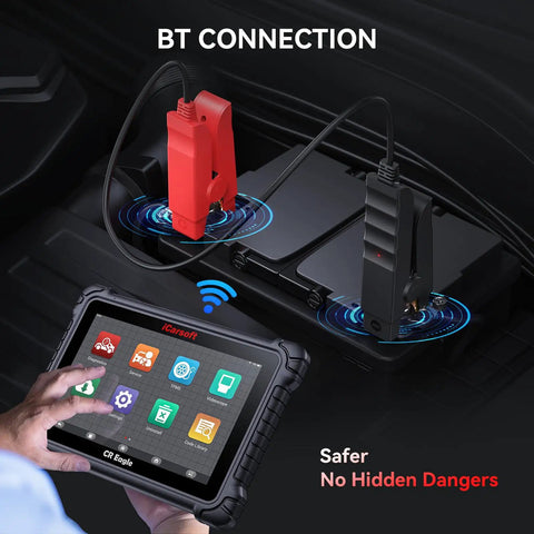 BT900 Wireless Bluetooth Battery Tester Clip For Cars Trucks Motorcycles ATVs SUVs Boats And Yachts 100-2000 CCA Load 9V-30V Range Battery Health Cranking And Charging Tests With Kickass Bluetooth Readouts connected to scan tool