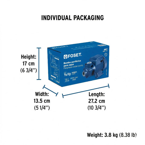 Packaging of Farm-Grade High-Head Water Pump 1/2 HP For Clean Water Transfer, dimensions and weight listed.