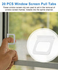 Clear Window Screen Pull Tabs 20 Pack Flat Spline Repair Clips For No Sweat Removal And Quick Swap Universal Fit DIY Home Fix With Smooth Channel Grip Sweet And Easy Install hand holding white clip to remove window screen