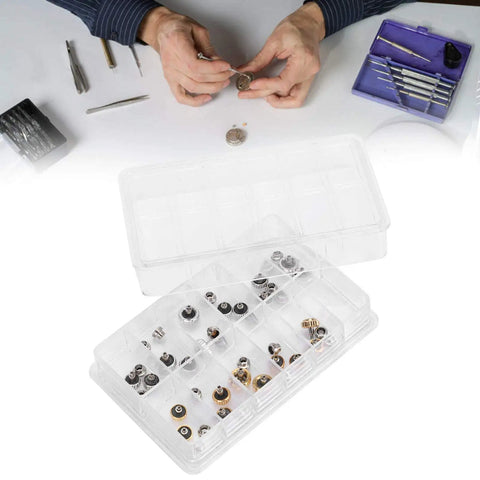 Pro Grade Watch Crown Kit With Copper And Stainless Steel Crowns, Springs, Gold Silver Set in a 12 Slot Organizer Box and tools