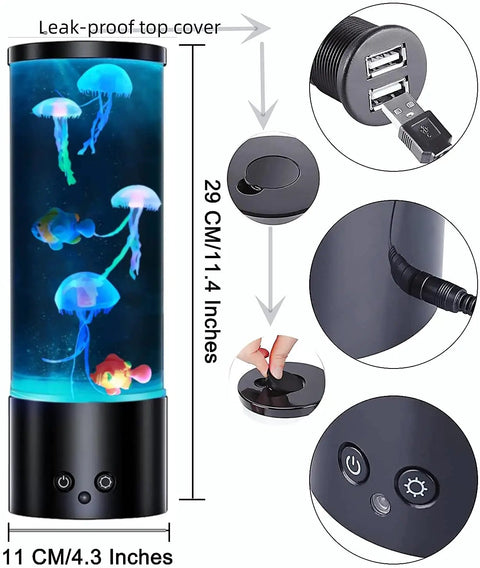 Jellyfish Lamp With 16 Color Changing Modes USB Powered Relax Mood Light, showing USB port, size, and power switch details.