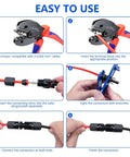 Solar Panel Connector Kit with 60 pieces showing crimping tool, connecting steps, and wrenches for 2.5 4 6 mm2 cables, IP67 waterproof.