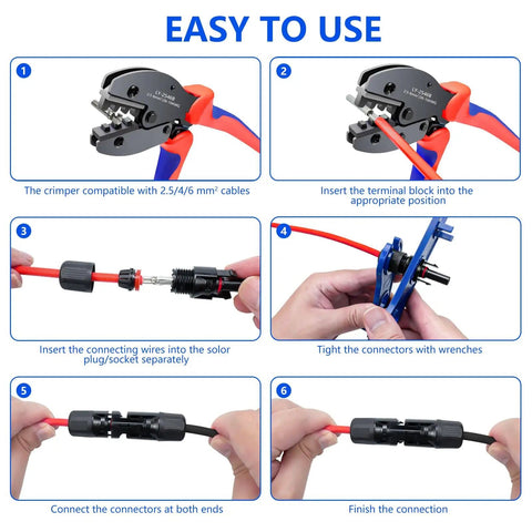 Solar Panel Connector Kit with 60 pieces showing crimping tool, connecting steps, and wrenches for 2.5 4 6 mm2 cables, IP67 waterproof.