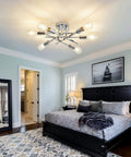Bedroom with Six Lights Semi Flush Mount Ceiling Fixture With Modern Chrome Matte Finish Sputnik Chandelier