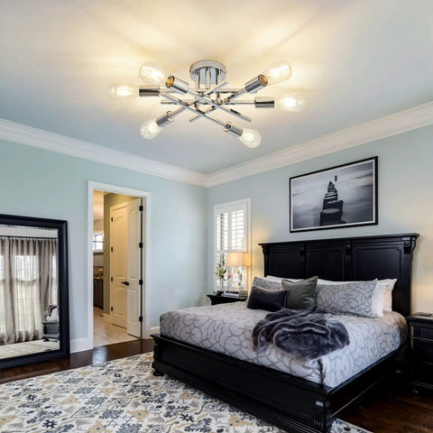 Bedroom with Six Lights Semi Flush Mount Ceiling Fixture With Modern Chrome Matte Finish Sputnik Chandelier