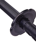 Close-up of the handle and guard of the Dope Training Katana Sword For Martial Arts Practice, blunt polypropylene, black blade.