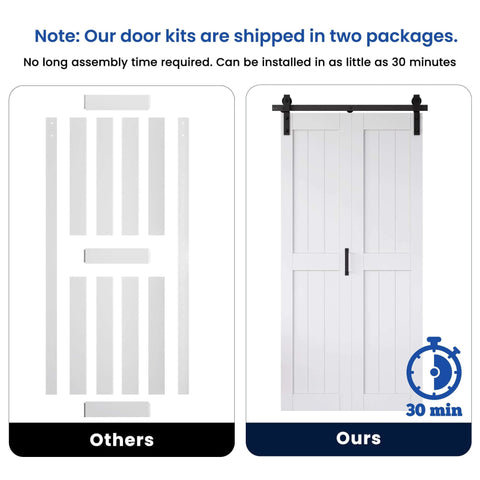 Comparison of unassembled and assembled Bifold Barn Door System 72x84 Inches White MDF Sliding Closet Doors With Hardware Kit Included.