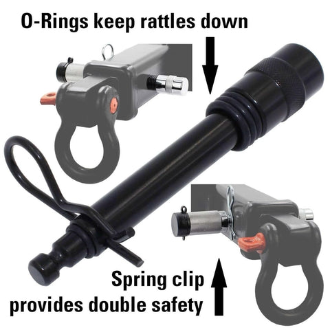Close-up of Keyed Alike Trailer Hitch Lock Set with Extra Long Three and a Quarter Inch Span, showing locking pin and safety clip.