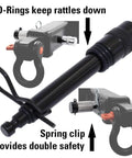 Extra Long Five Eighths Inch Trailer Hitch Lock Pin For Two Inch And Two And A Half Inch Receivers, highlighting O-rings and spring clip