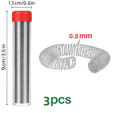 Three Piece 0 8mm 63 37 Tin Lead Solder Wire With Rosin Flux Core displayed with spool and wire coils.
