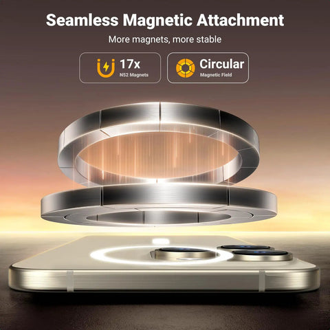 Seamless magnetic attachment illustration with two circular magnets showing magnetic field on smartphone for MagSafe compatibility.