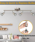 4-Light LED Track Lighting Kit with flexible rotatable heads installed in a living room, showing GU10 bulb replacement.