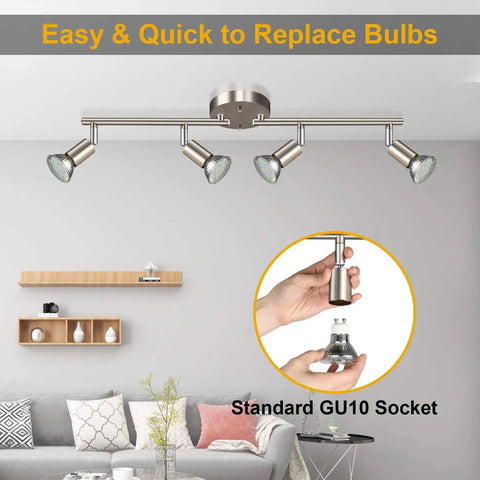 4-Light LED Track Lighting Kit with flexible rotatable heads installed in a living room, showing GU10 bulb replacement.