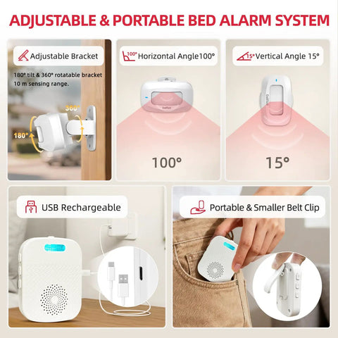 Bed Alarm System For Wandering Seniors And Dementia Patients Portable Pager With Wireless Motion Sensor Silent Vibration Alerts And Fall Prevention Room Monitor For Home Health Care, white USB rechargeable belt-clip unit with adjustable bracket