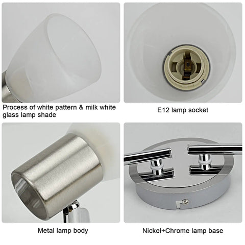 Close-up views of 4-Light Foldable Track Lighting With Glass Shades, E12 base, metal and nickel components, S shaped fixture details