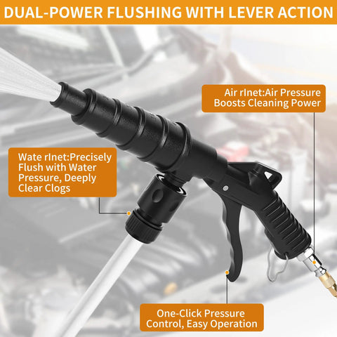 Lever Action Coolant Flush Gun Kit For Automotive Cooling System And Heater Core Cleaning with transparent hose, close-up