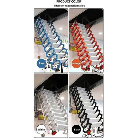 Heavy Duty Electric Attic Ladder Hella Sturdy Telescopic Pull Down Ceiling Loft Stair in blue, orange, white, and black colors.