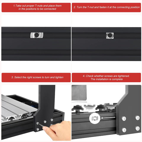 Installation steps for 600 Piece M3 M4 M5 Sliding T Nuts And Hex Button Head Screws Kit for profile groove rails.