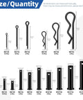 Clevis Pins Set With Cotter Pins And R Clips In 16 Sizes, Black Finish, showing various pin dimensions and quantities