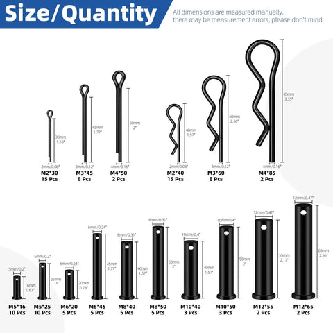 Clevis Pins Set With Cotter Pins And R Clips In 16 Sizes, Black Finish, showing various pin dimensions and quantities
