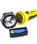150 Lumen Floating Water Resistant LED Flashlight With Carabiner Clip Yellow Built No BS Outdoors open view with battery