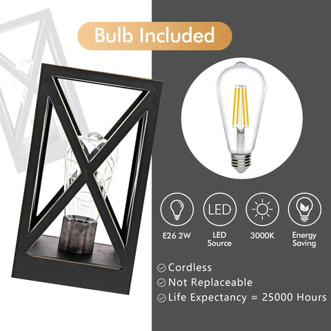 2 Pack Retro Battery Powered Table Lamps Cordless Nightlight Set with bulb details and rustic design