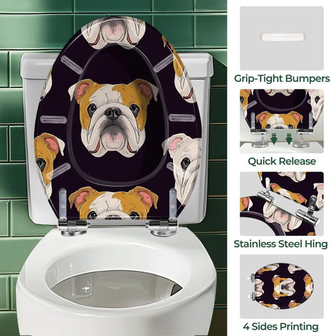Toilet Seat Elongated Resin for Bathroom featuring Bulldog design, grip-tight bumpers, and quick release mechanism.