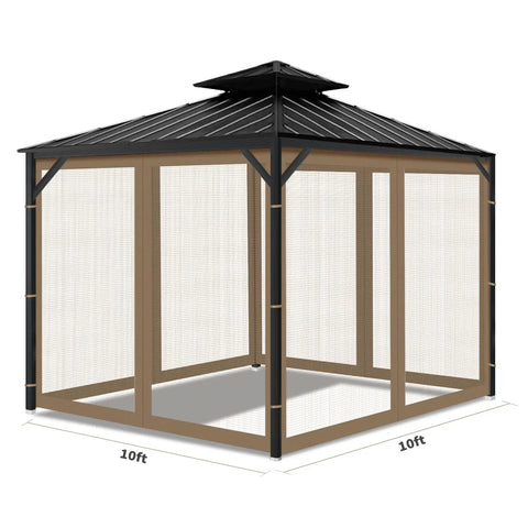 10x10 Gazebo Mosquito Netting Replacement With 4 Panel Screen Walls And Zipper, Outdoor Patio Insect Netting, Durable Polyester, Brown