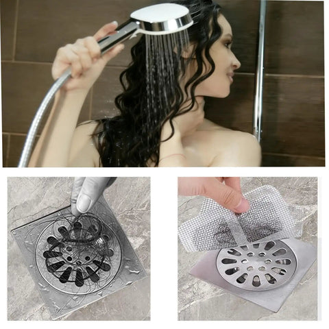 100 Pcs Disposable Shower Drain Hair Catchers Mesh Adhesive Covers Snags Human And Pet Hair Stops Clogs Dead In Its Tracks A Legit Game Changer Peel And Stick Bathroom Essential in use with water visible in shower.