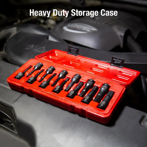 Impact Hex Driver Set 13-Piece 3/8 Inch Drive SAE And Metric in a red blow molded case on car engine