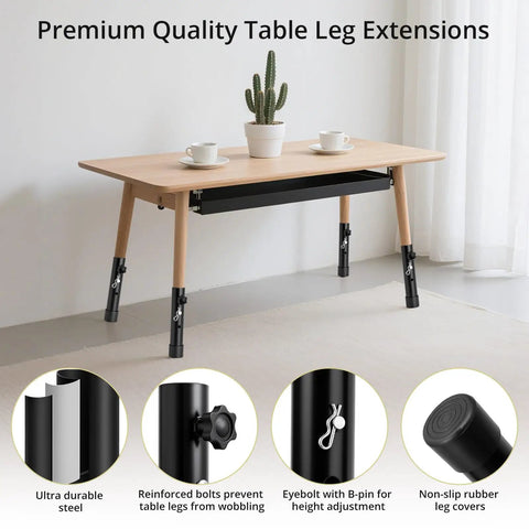 Knockout Black Table Leg Extenders And Adjustable Height Risers For Folding Tables on a wooden table with a potted plant.