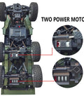 One Sixteenth Scale 6x6 RC Military Truck Off Road Toy Car showing two power motors and undercarriage details