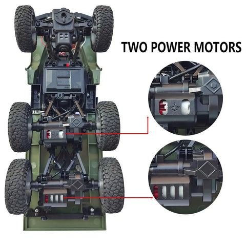 One Sixteenth Scale 6x6 RC Military Truck Off Road Toy Car showing two power motors and undercarriage details